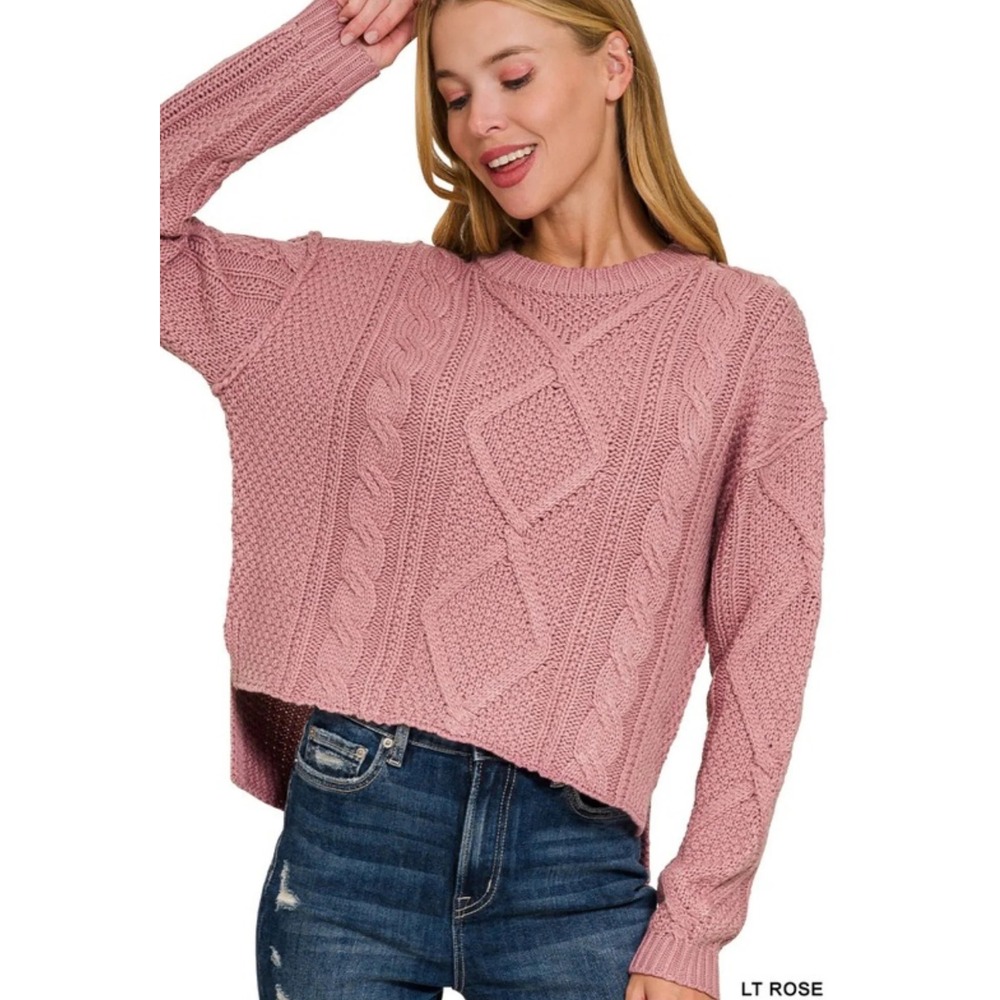 Zenana Women Pink Cable Knit Cropped High Low Sweater Side Slit TW-2437Y Medium - Picture 1 of 9
